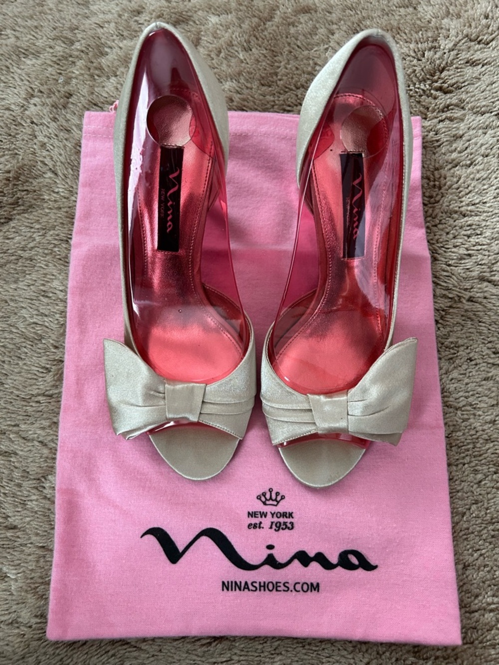 Nina Women's champagne Bow Peep-Toe Heels